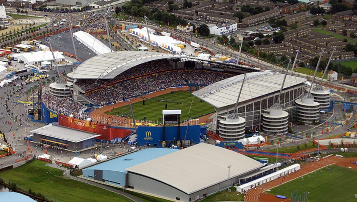 Overhead aerial photo of the Manchester Stadium built for the commonwealth games, later becoming the Etihad